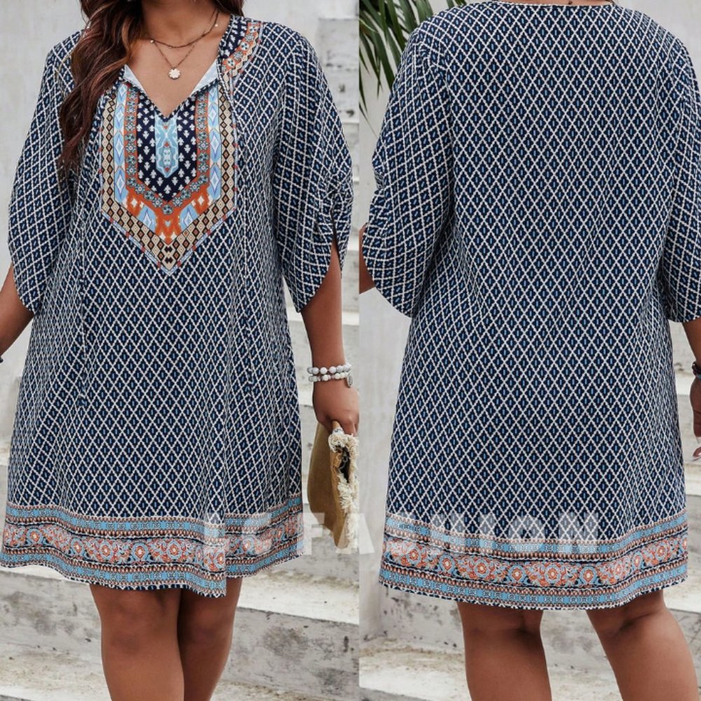 Plus Size Boho Dress, Geometric Print Tie Front Tunic Dress, Summer Dress
